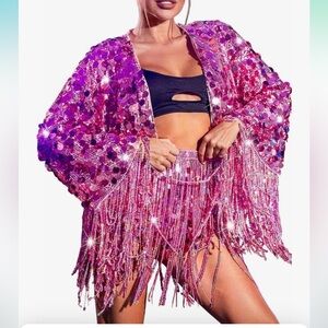 pink fringe tassel cover up kaftan kimono jacket sequin rave festival coat led